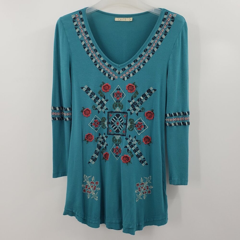 Caite Embroidered Tunic Top Women's S Teal Green V-Neck Curved Hemline Boho Long